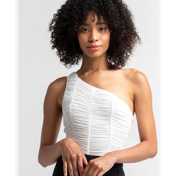 NEW NWT Le Lis‎ Anthropologie One-Shoulder Ruched Bodysuit Medium White Mesh - Picture 1 of 10